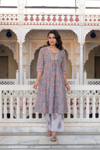 Juniper Lavender Cotton Flared Kurta-Pant & Dupatta Set with Floral Print, Thread Work, Lace & Sequins | Grocsy