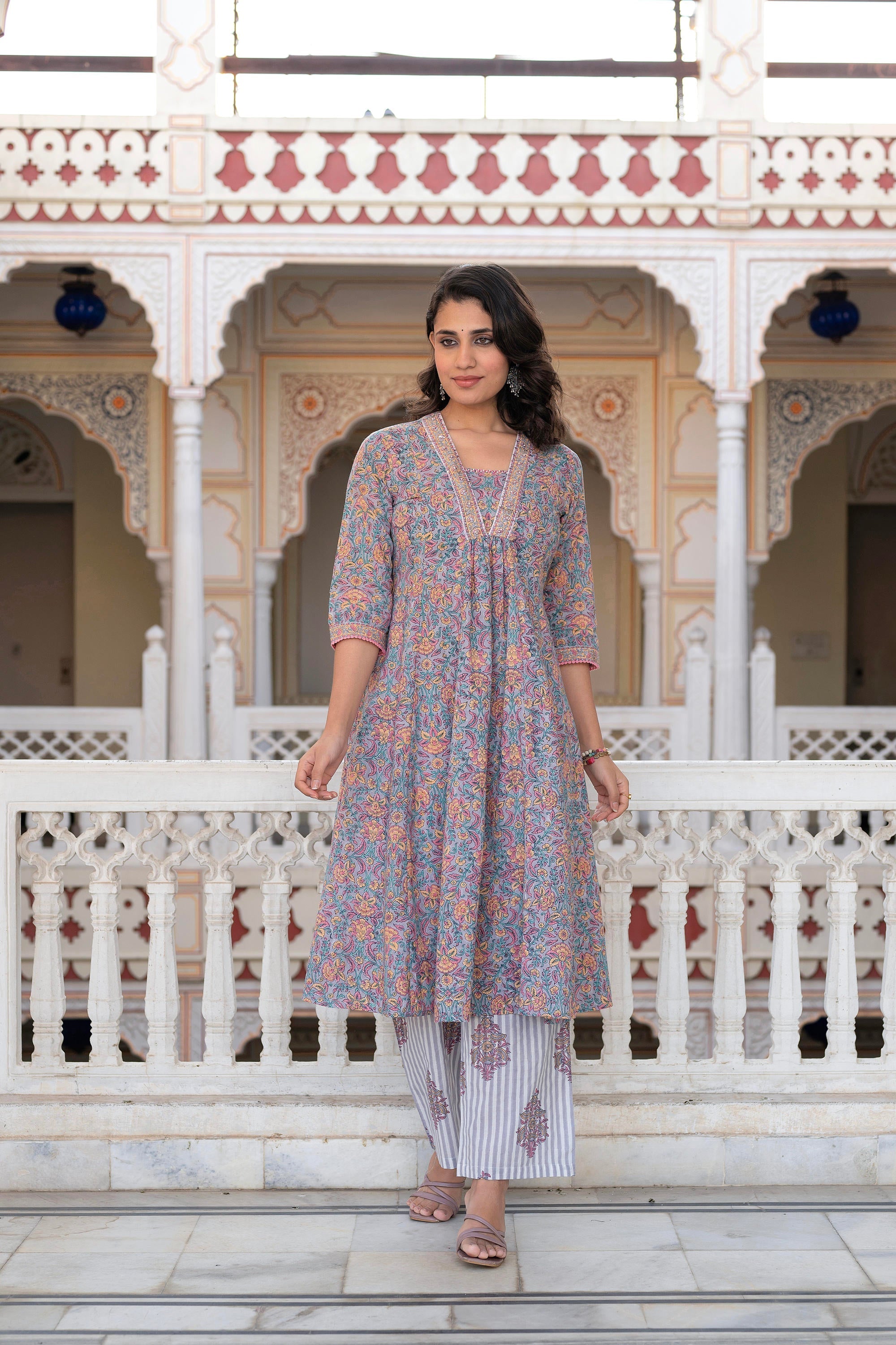 Juniper Lavender Cotton Flared Kurta-Pant & Dupatta Set with Floral Print, Thread Work, Lace & Sequins | Grocsy