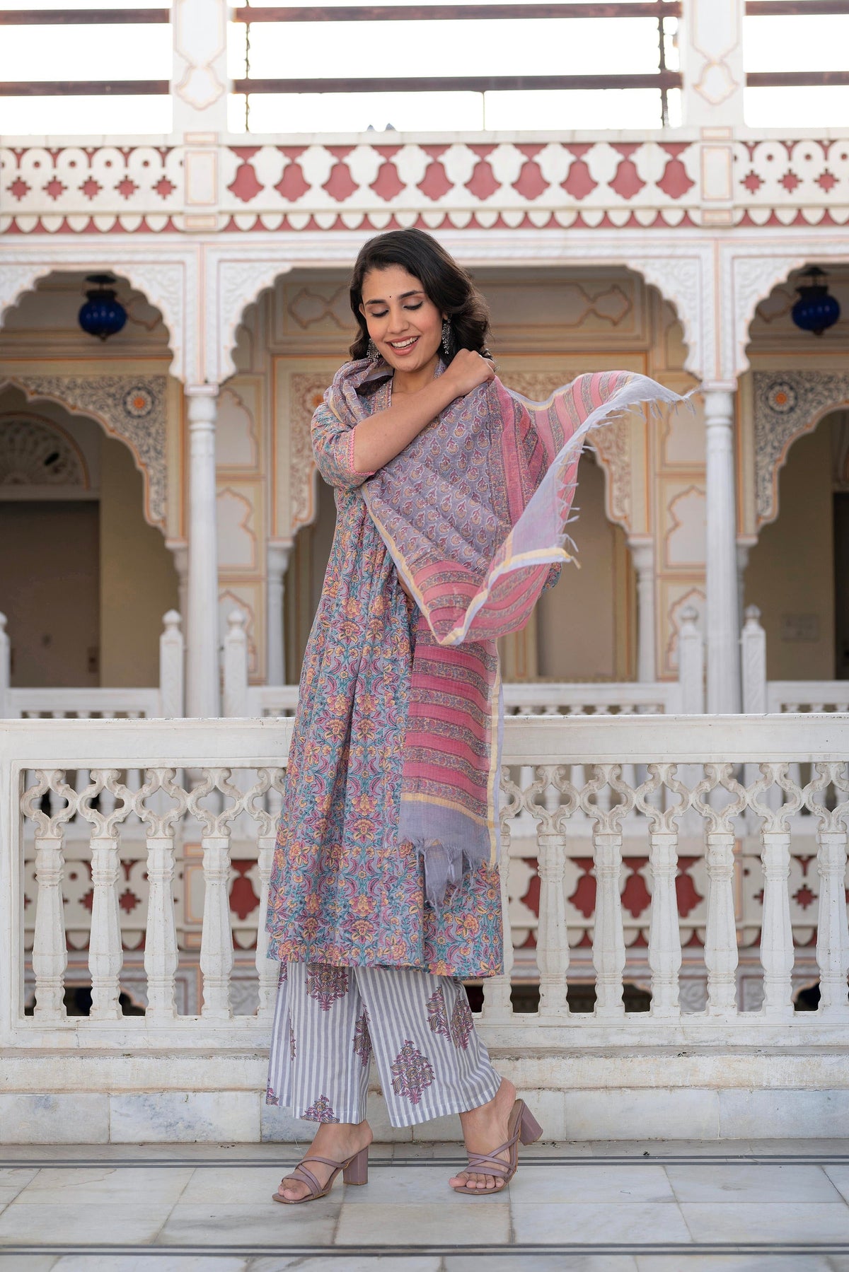 Juniper Lavender Cotton Flared Kurta-Pant & Dupatta Set with Floral Print, Thread Work, Lace & Sequins | Grocsy