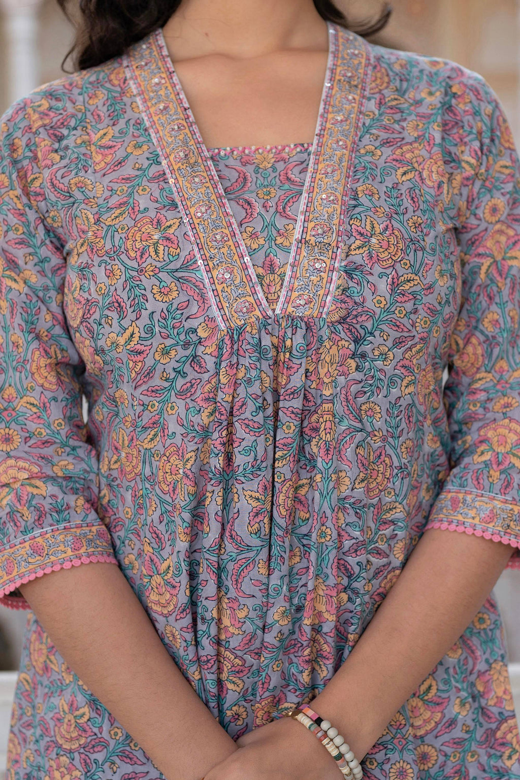 Juniper Lavender Cotton Flared Kurta-Pant & Dupatta Set with Floral Print, Thread Work, Lace & Sequins | Grocsy