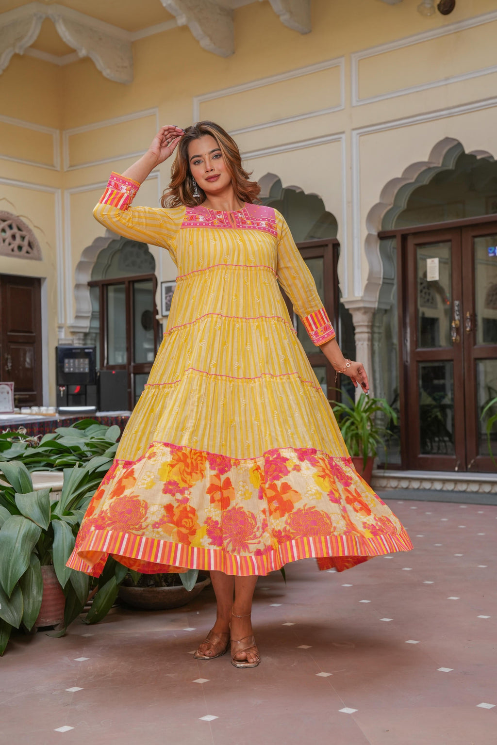 Juniper Mustard Flared Panelled Dress with Printed Floral Hem and Yoke Embroidery | Grocsy