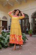 Juniper Mustard Flared Panelled Dress with Printed Floral Hem and Yoke Embroidery | Grocsy