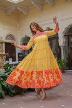 Juniper Mustard Flared Panelled Dress with Printed Floral Hem and Yoke Embroidery | Grocsy
