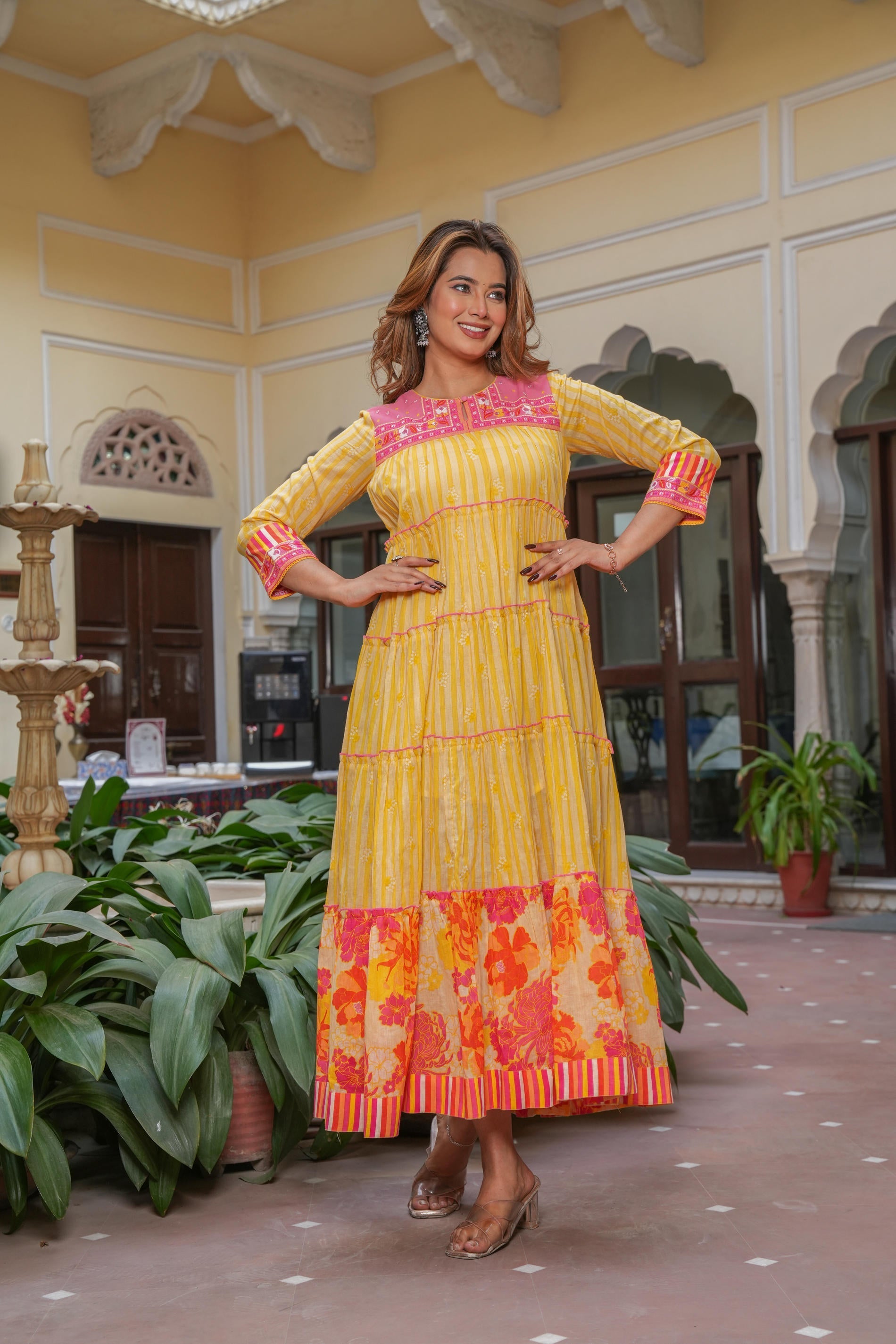 Juniper Mustard Flared Panelled Dress with Printed Floral Hem and Yoke Embroidery | Grocsy