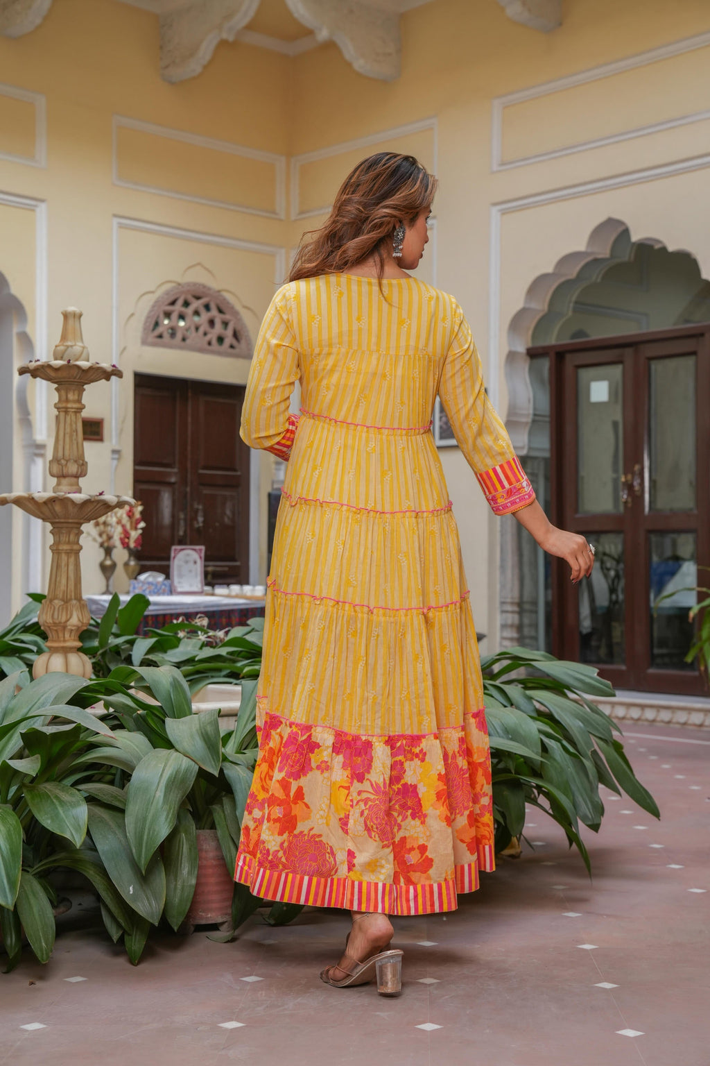 Juniper Mustard Flared Panelled Dress with Printed Floral Hem and Yoke Embroidery | Grocsy