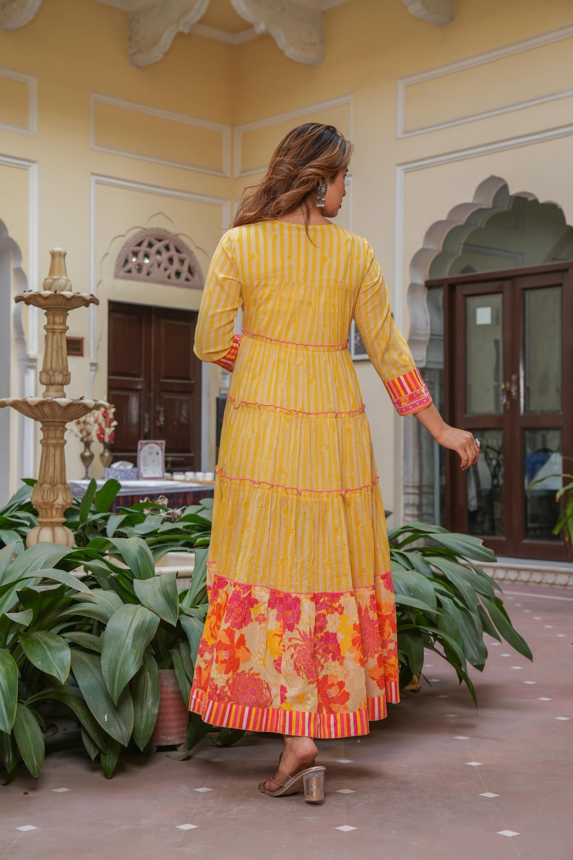 Juniper Mustard Flared Panelled Dress with Printed Floral Hem and Yoke Embroidery | Grocsy