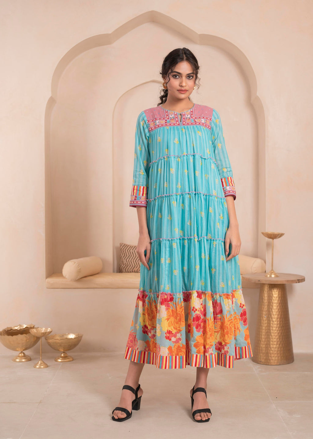 Juniper Skyblue Flared Panelled Dress with Printed Floral Hem and Yoke Embroidery | Grocsy