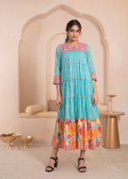 Juniper Skyblue Flared Panelled Dress with Printed Floral Hem and Yoke Embroidery | Grocsy