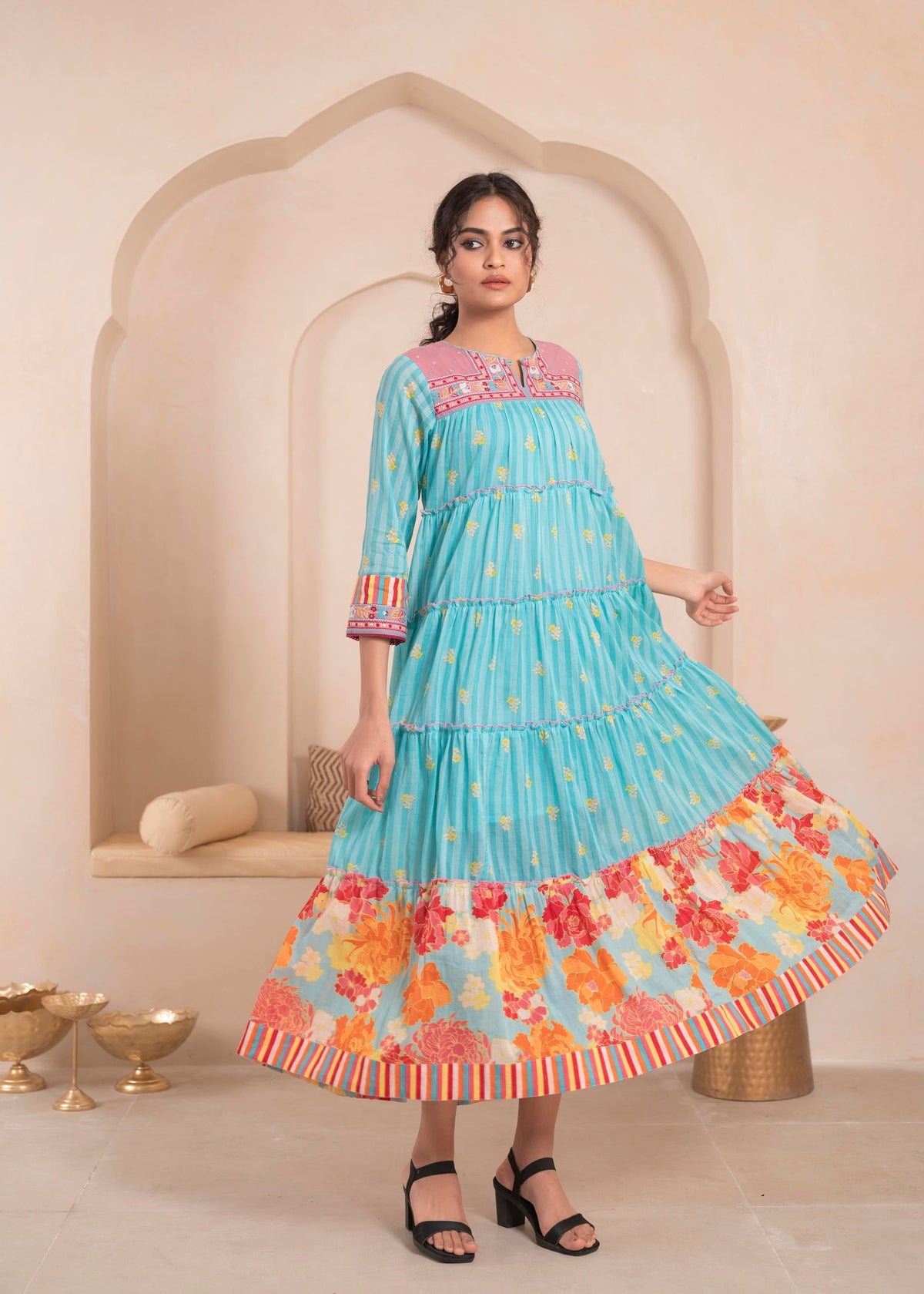Juniper Skyblue Flared Panelled Dress with Printed Floral Hem and Yoke Embroidery | Grocsy