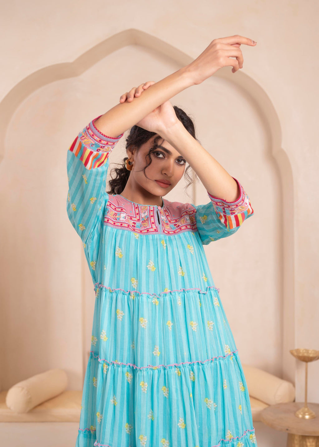 Juniper Skyblue Flared Panelled Dress with Printed Floral Hem and Yoke Embroidery | Grocsy