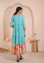 Juniper Skyblue Flared Panelled Dress with Printed Floral Hem and Yoke Embroidery | Grocsy