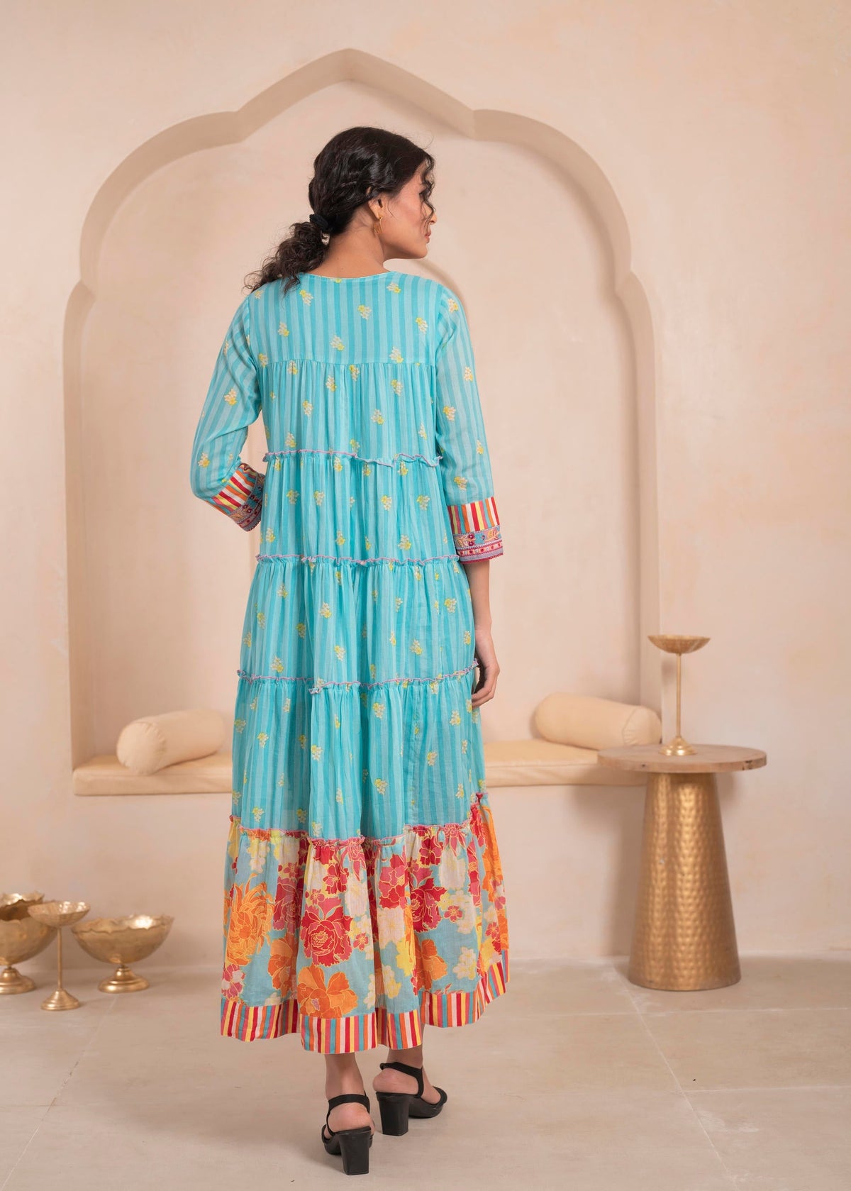 Juniper Skyblue Flared Panelled Dress with Printed Floral Hem and Yoke Embroidery | Grocsy