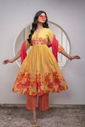 Juniper Mustard Cotton Kurta Pant & Chiffon Dupatta Set With Embroidered Floral Thread & Mirror Work | Grocsy
