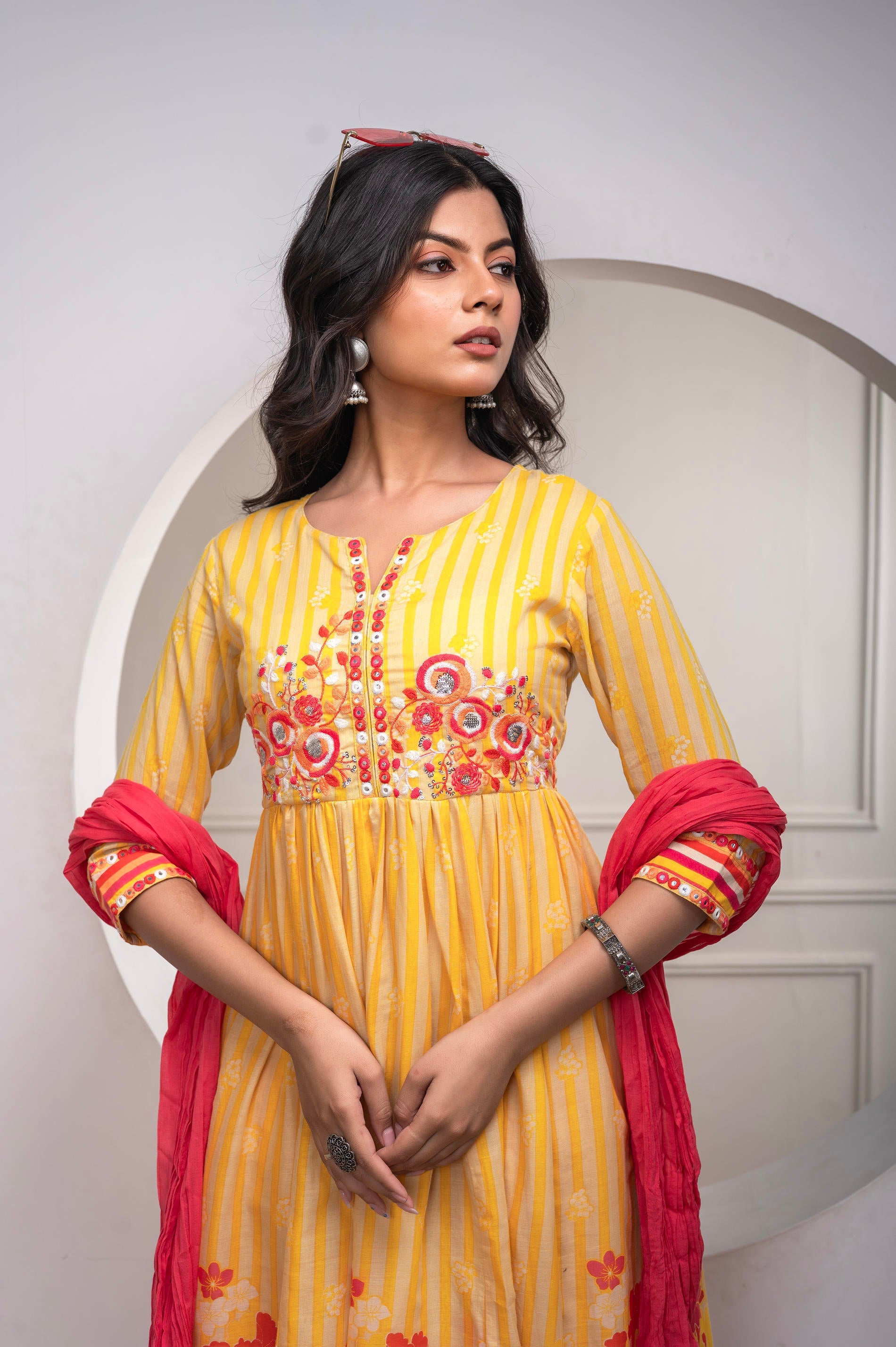 Juniper Mustard Cotton Kurta Pant & Chiffon Dupatta Set with Embroidered Floral Thread & Mirror Work | Grocsy