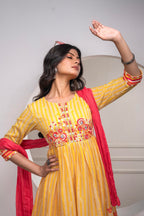 Juniper Mustard Cotton Kurta Pant & Chiffon Dupatta Set with Embroidered Floral Thread & Mirror Work | Grocsy