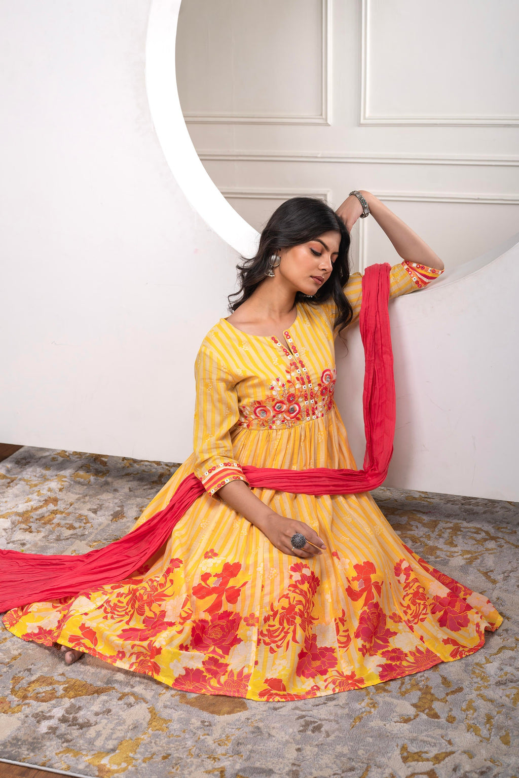 Juniper Mustard Cotton Kurta Pant & Chiffon Dupatta Set with Embroidered Floral Thread & Mirror Work | Grocsy