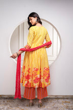 Juniper Mustard Cotton Kurta Pant & Chiffon Dupatta Set with Embroidered Floral Thread & Mirror Work | Grocsy