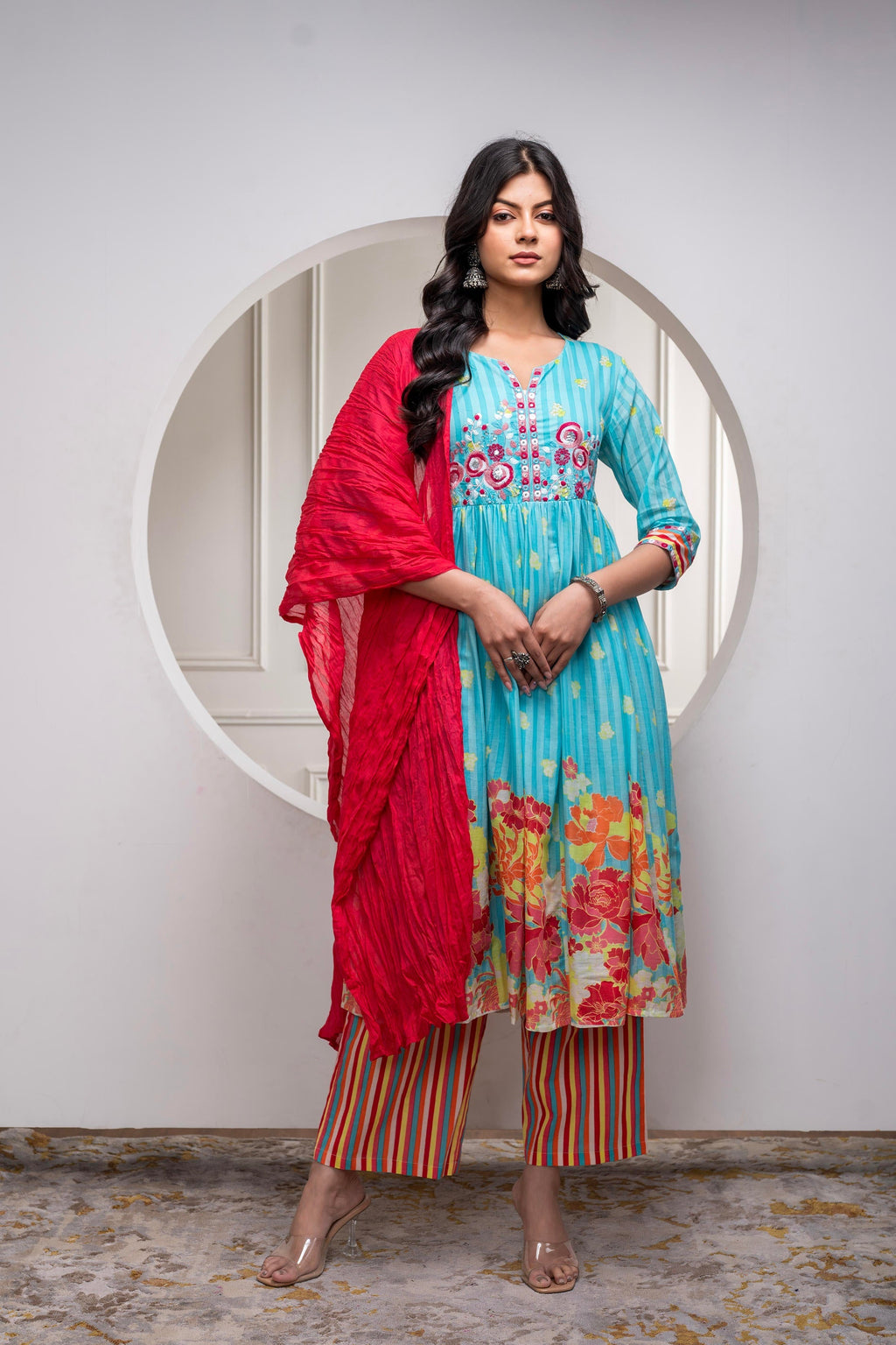 Juniper Skyblue Cotton Kurta Pant & Chiffon Dupatta Set with Embroidered Floral Thread & Mirror Work | Grocsy