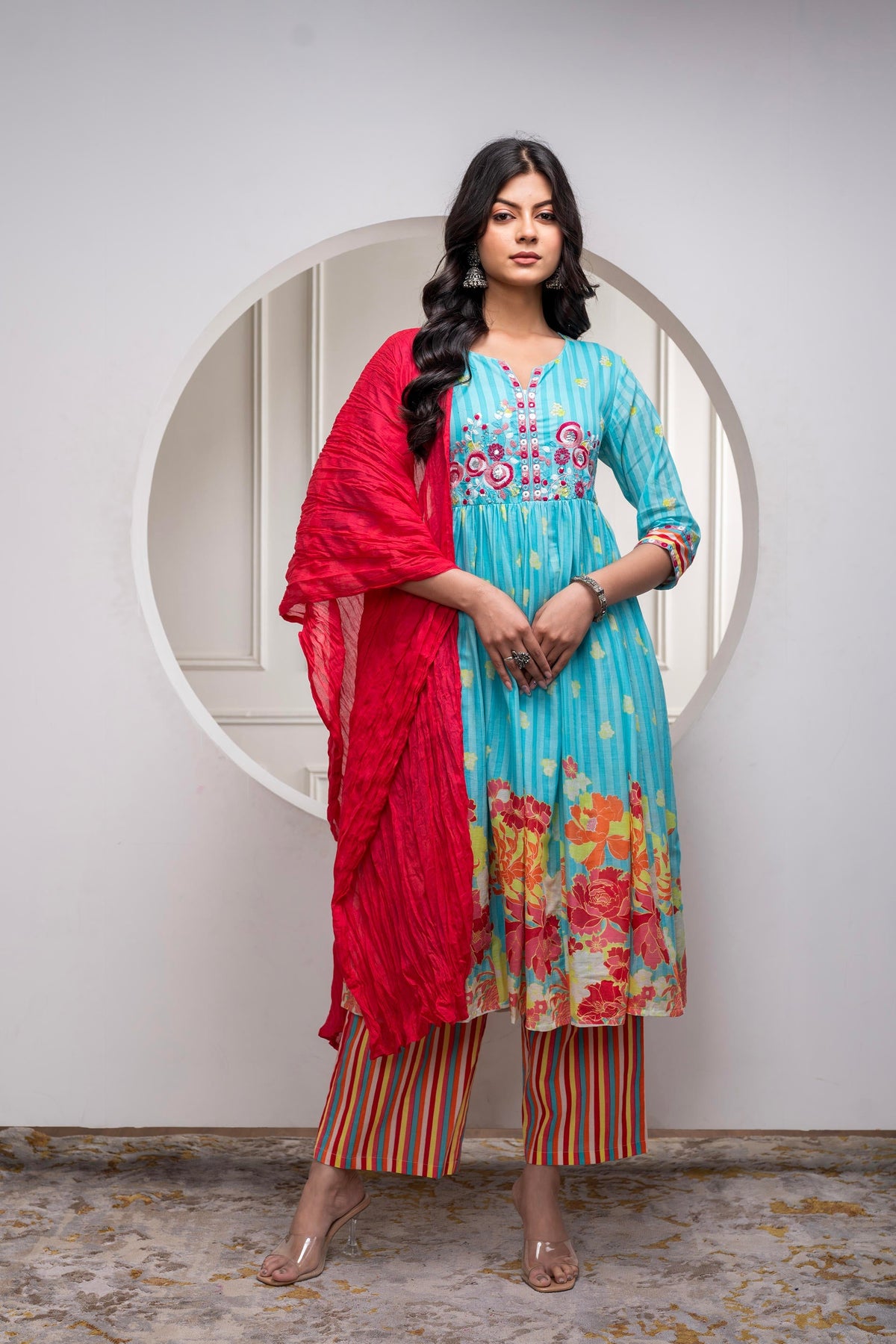 Juniper Skyblue Cotton Kurta Pant & Chiffon Dupatta Set with Embroidered Floral Thread & Mirror Work | Grocsy