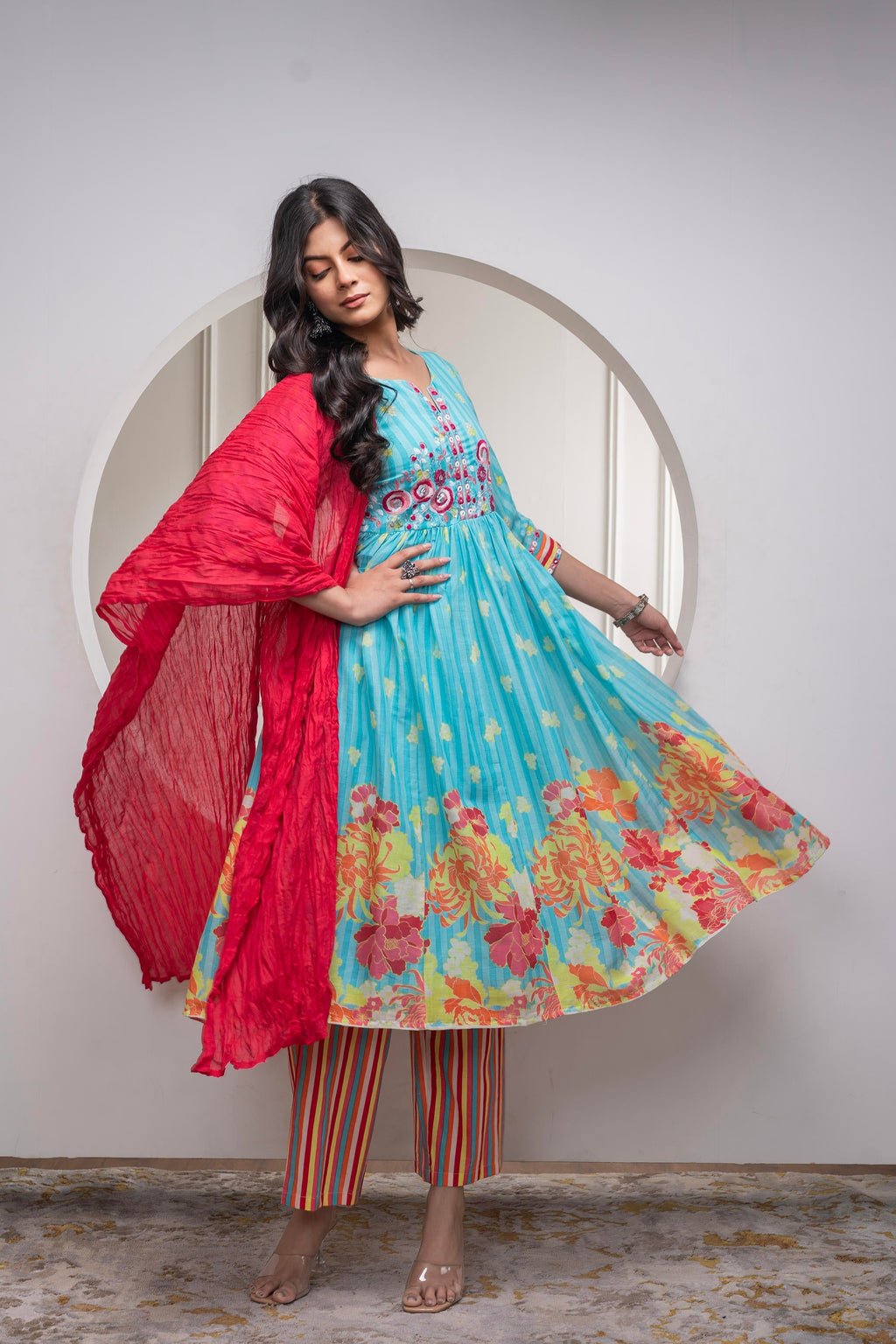 Juniper Skyblue Cotton Kurta Pant & Chiffon Dupatta Set with Embroidered Floral Thread & Mirror Work | Grocsy