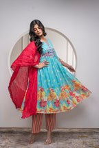 Juniper Skyblue Cotton Kurta Pant & Chiffon Dupatta Set with Embroidered Floral Thread & Mirror Work | Grocsy
