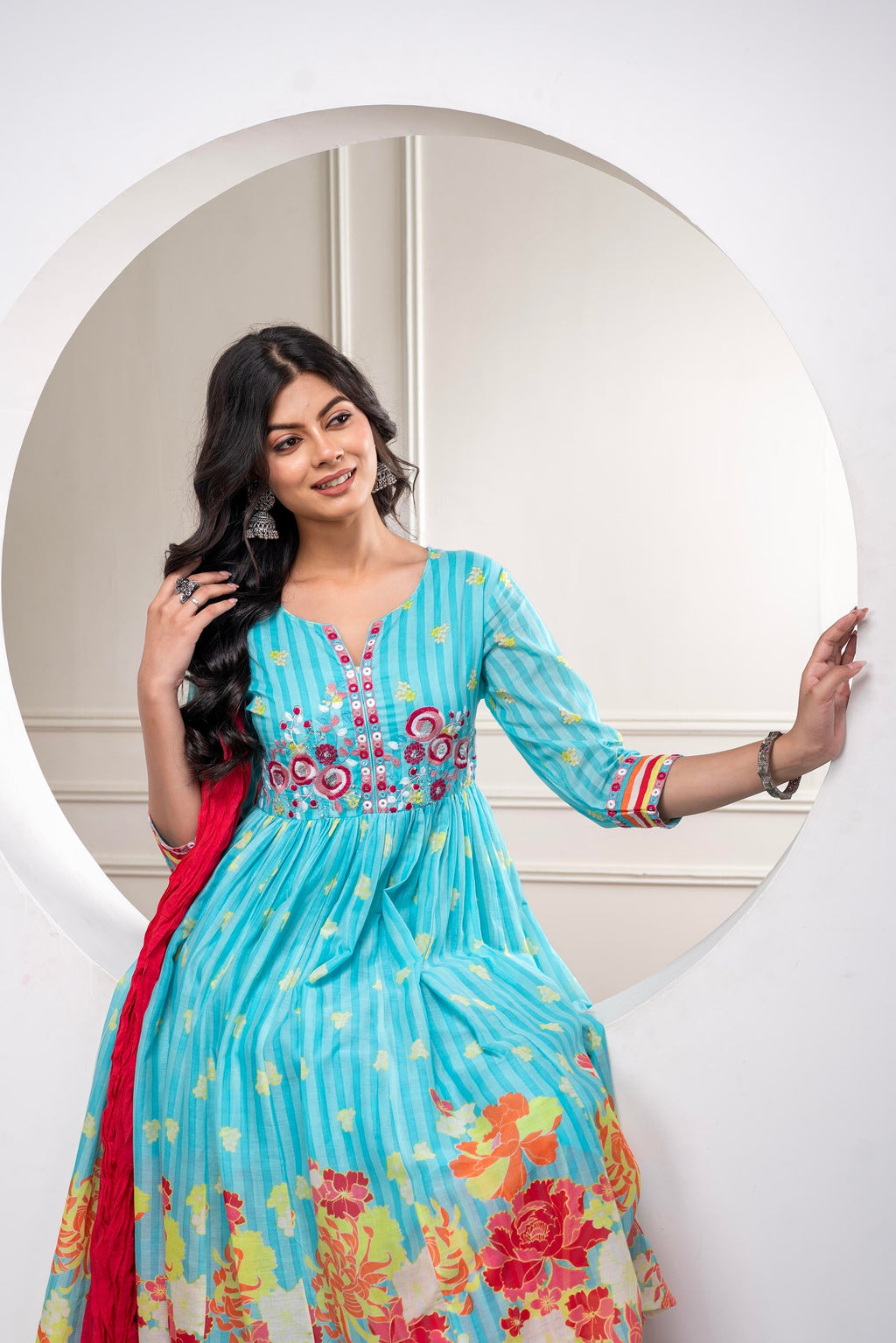 Juniper Skyblue Cotton Kurta Pant & Chiffon Dupatta Set with Embroidered Floral Thread & Mirror Work | Grocsy