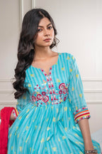 Juniper Skyblue Cotton Kurta Pant & Chiffon Dupatta Set with Embroidered Floral Thread & Mirror Work | Grocsy