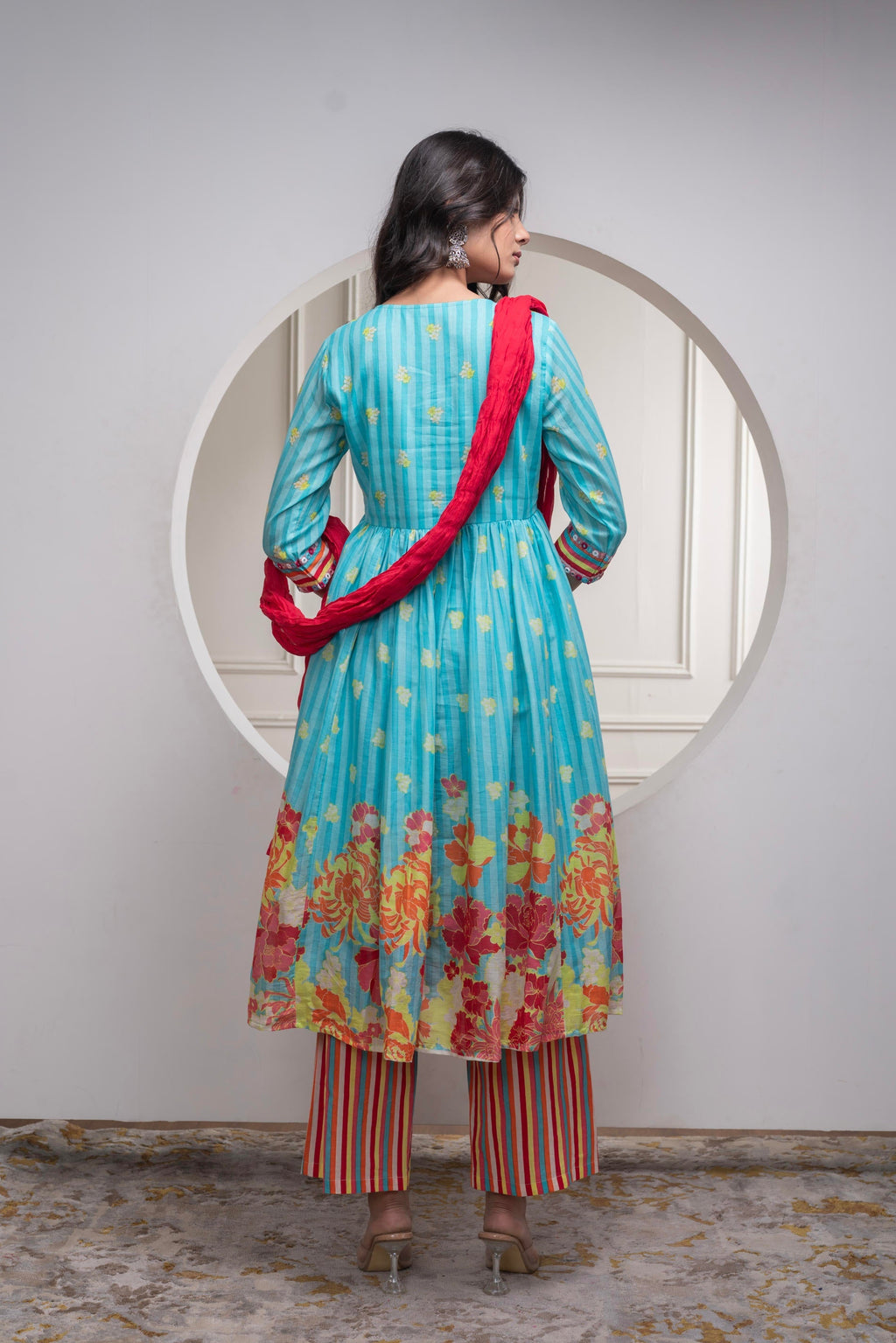Juniper Skyblue Cotton Kurta Pant & Chiffon Dupatta Set with Embroidered Floral Thread & Mirror Work | Grocsy