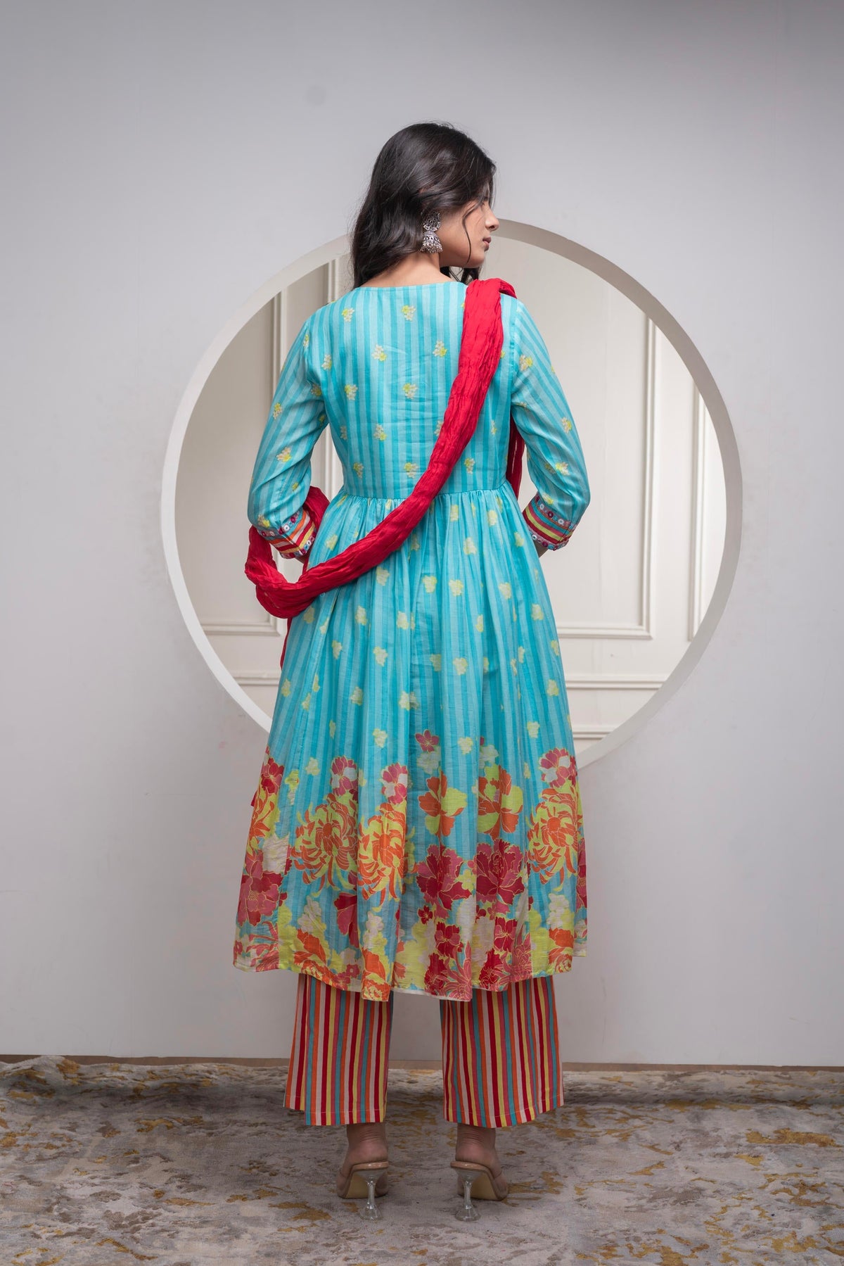 Juniper Skyblue Cotton Kurta Pant & Chiffon Dupatta Set with Embroidered Floral Thread & Mirror Work | Grocsy