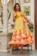 Juniper Mustard Layered Flared Dress With Inner With Sequins, Mirror Work, Dori, Tassels. | Grocsy