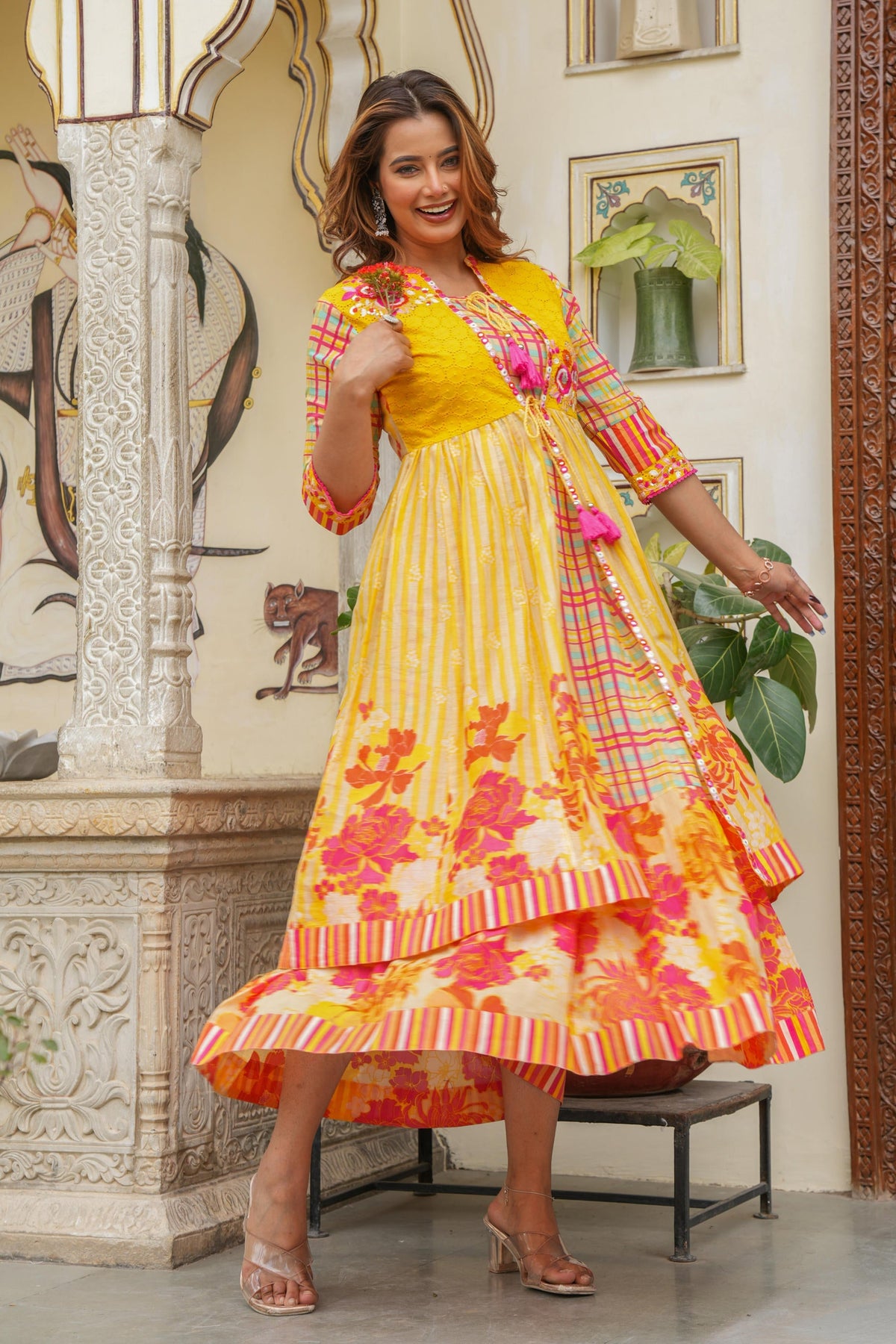 Juniper Mustard Layered Flared Dress With Inner With Sequins, Mirror Work, Dori, Tassels. | Grocsy
