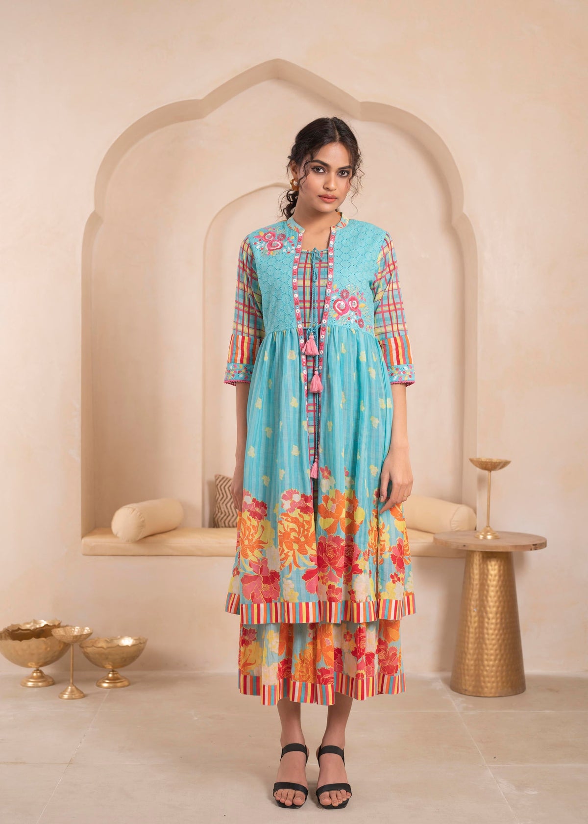 Juniper Sky Blue Layered Flared Dress with Printed Hem and Embroidered Yoke | Grocsy