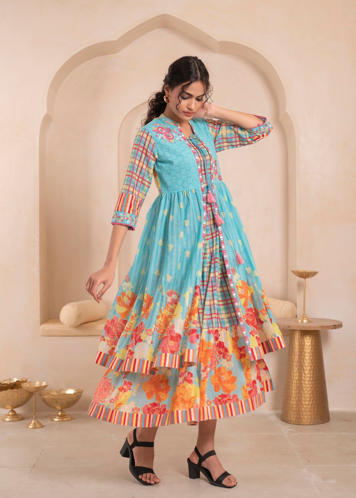 Juniper Sky Blue Layered Flared Dress with Printed Hem and Embroidered Yoke | Grocsy