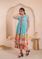 Juniper Sky Blue Layered Flared Dress with Printed Hem and Embroidered Yoke | Grocsy