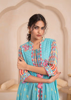 Juniper Sky Blue Layered Flared Dress with Printed Hem and Embroidered Yoke | Grocsy