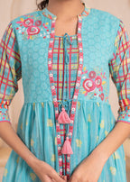 Juniper Sky Blue Layered Flared Dress with Printed Hem and Embroidered Yoke | Grocsy
