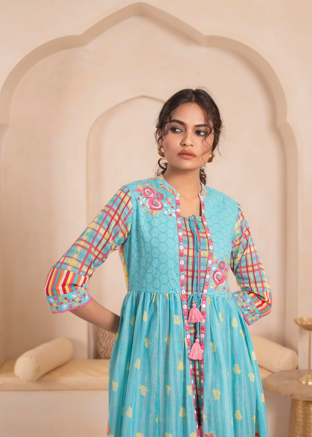 Juniper Sky Blue Layered Flared Dress with Printed Hem and Embroidered Yoke | Grocsy