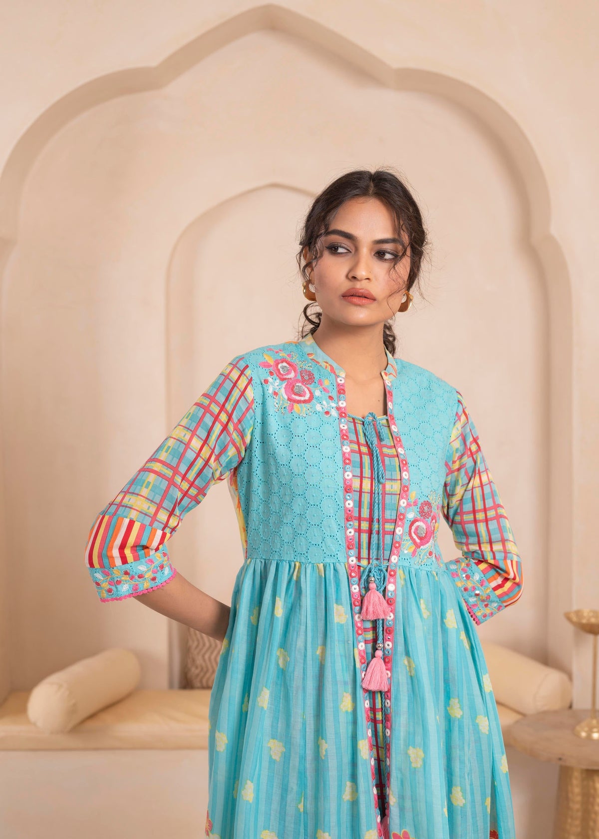 Juniper Sky Blue Layered Flared Dress with Printed Hem and Embroidered Yoke | Grocsy