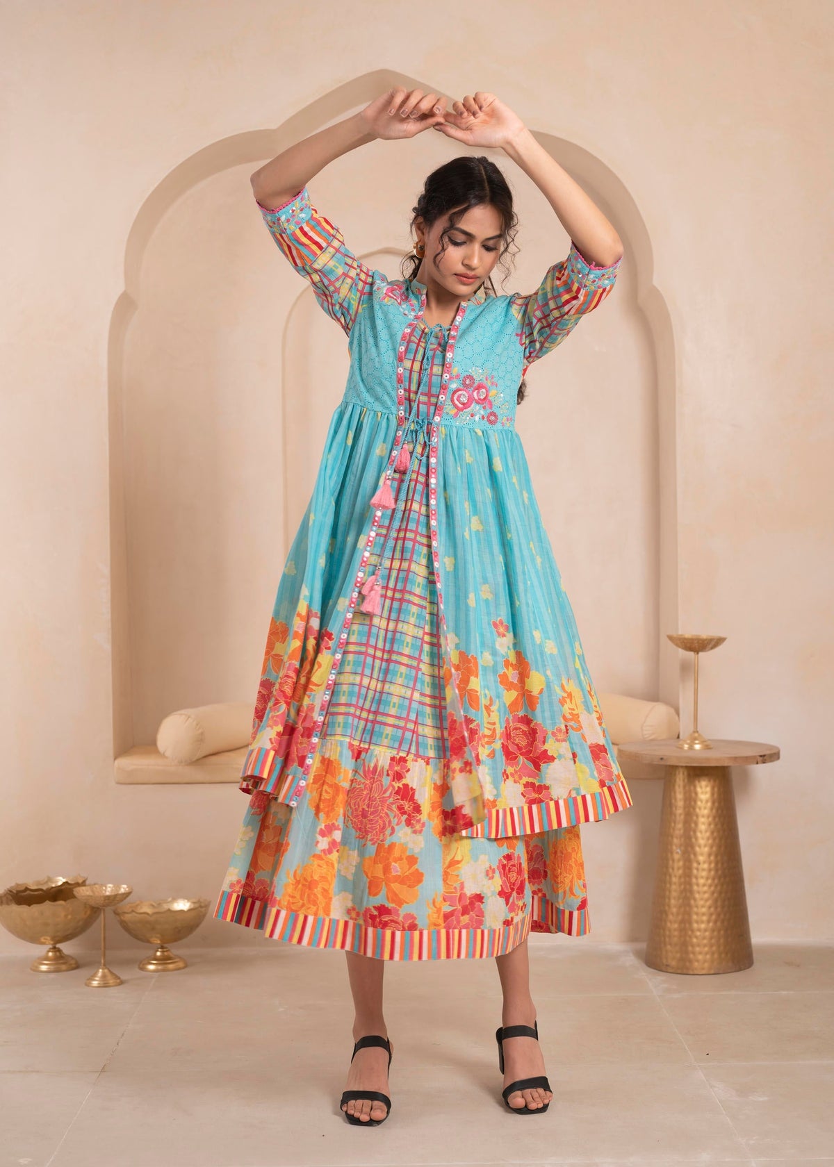 Juniper Sky Blue Layered Flared Dress with Printed Hem and Embroidered Yoke | Grocsy