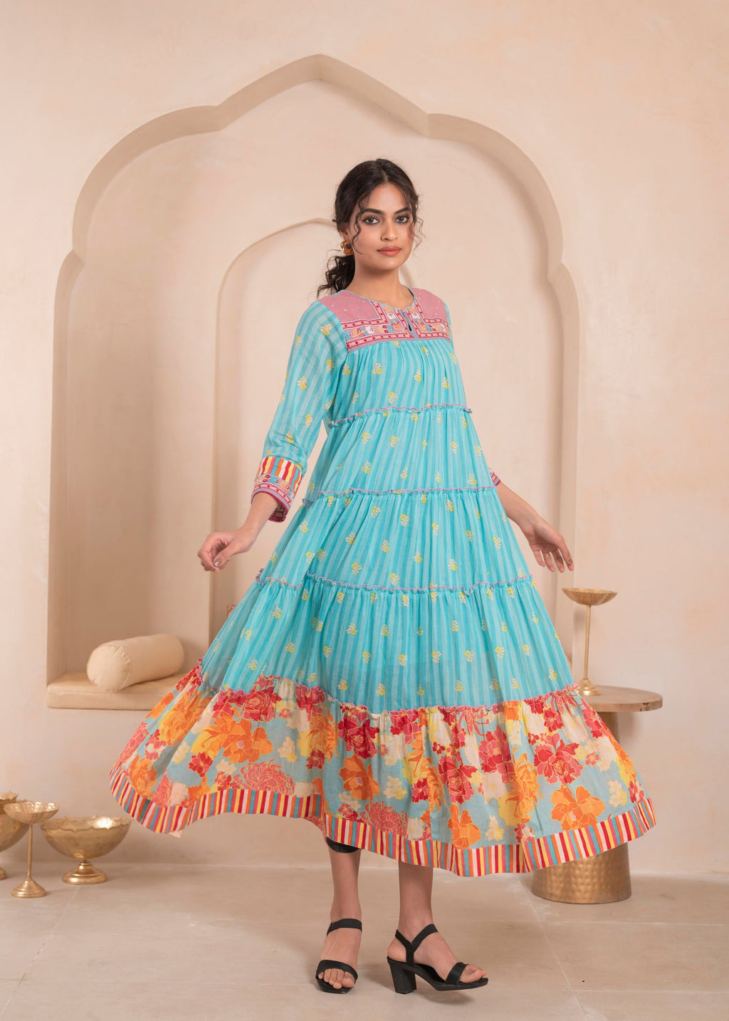 Juniper Sky Blue Layered Flared Dress with Printed Hem and Embroidered Yoke | Grocsy