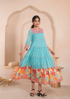 Juniper Sky Blue Layered Flared Dress with Printed Hem and Embroidered Yoke | Grocsy