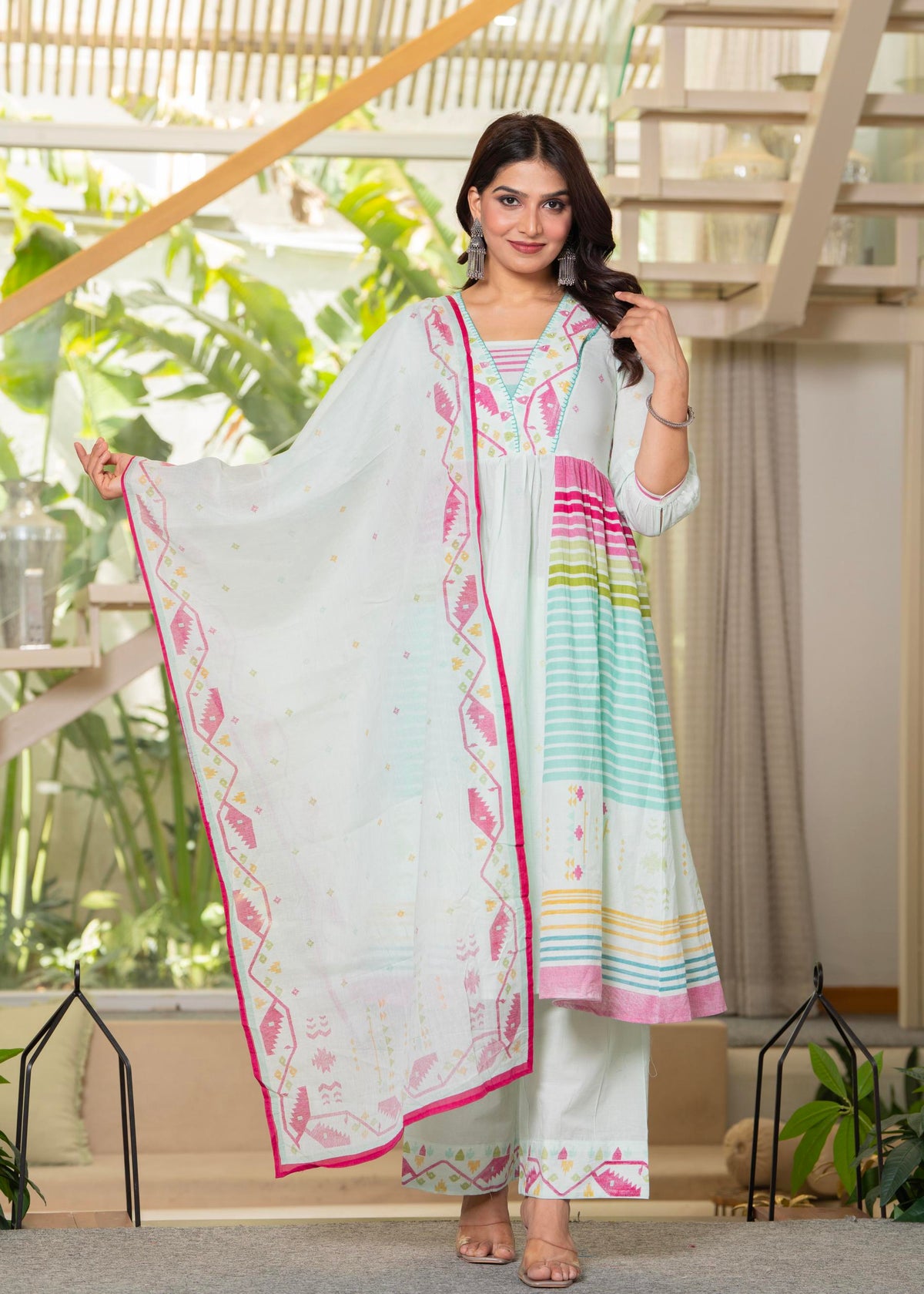 Juniper Pista Green Striped Kurta Set With Tribal Print Detailing And Dupatta | Grocsy
