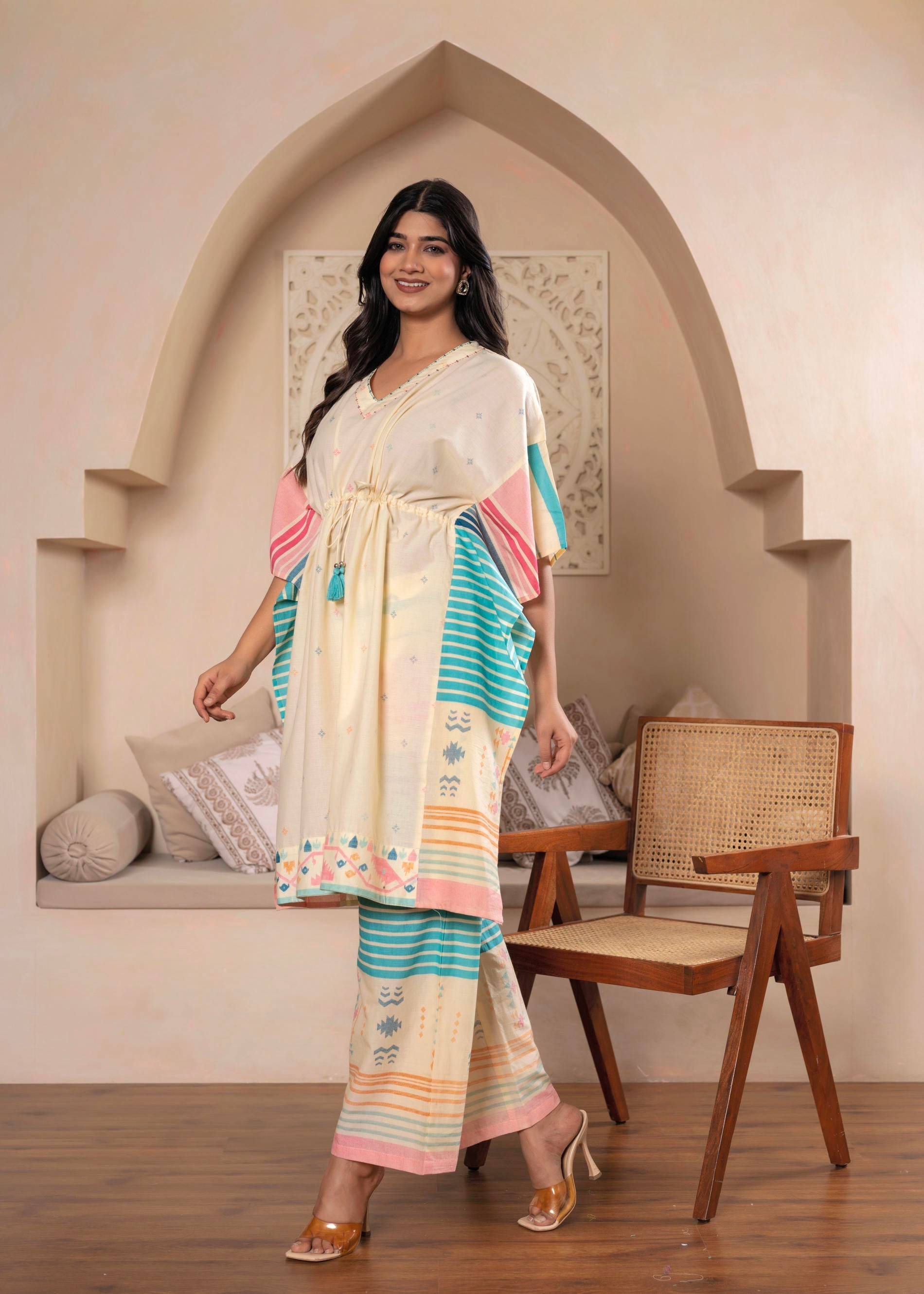 Juniper Ivory Printed Kaftan-Style Kurta Set with Drawstring Waist and Tribal Pastel Print | Grocsy