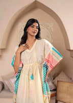 Juniper Ivory Printed Kaftan-Style Kurta Set with Drawstring Waist and Tribal Pastel Print | Grocsy