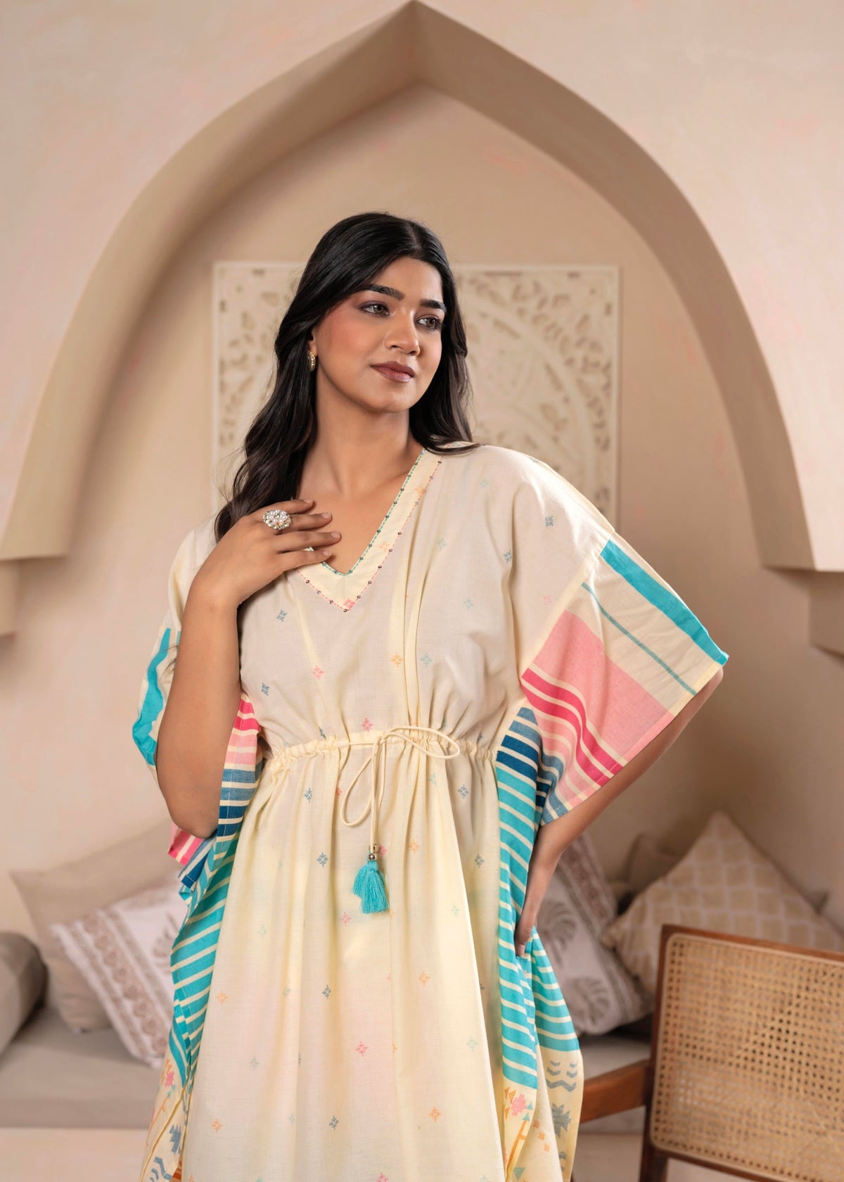 Juniper Ivory Printed Kaftan-Style Kurta Set with Drawstring Waist and Tribal Pastel Print | Grocsy