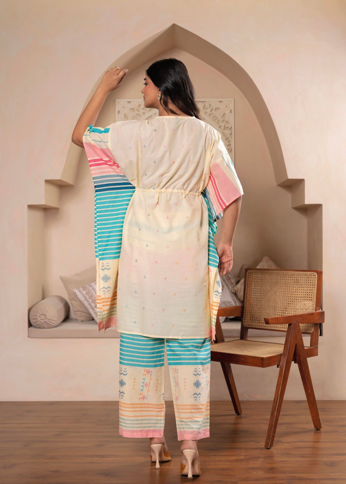 Juniper Ivory Printed Kaftan-Style Kurta Set with Drawstring Waist and Tribal Pastel Print | Grocsy