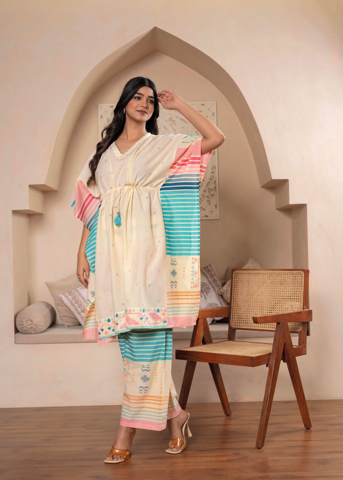 Juniper Ivory Printed Kaftan-Style Kurta Set with Drawstring Waist and Tribal Pastel Print | Grocsy