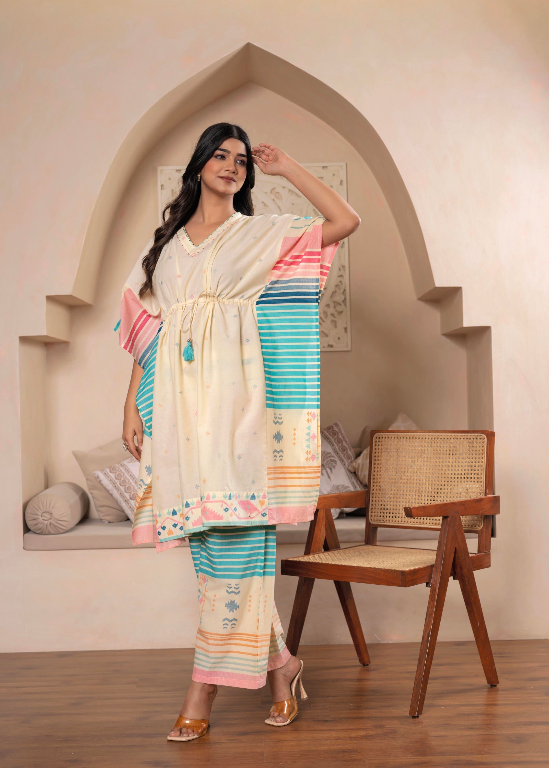 Juniper Ivory Printed Kaftan-Style Kurta Set With Drawstring Waist And Tribal Pastel Print | Grocsy