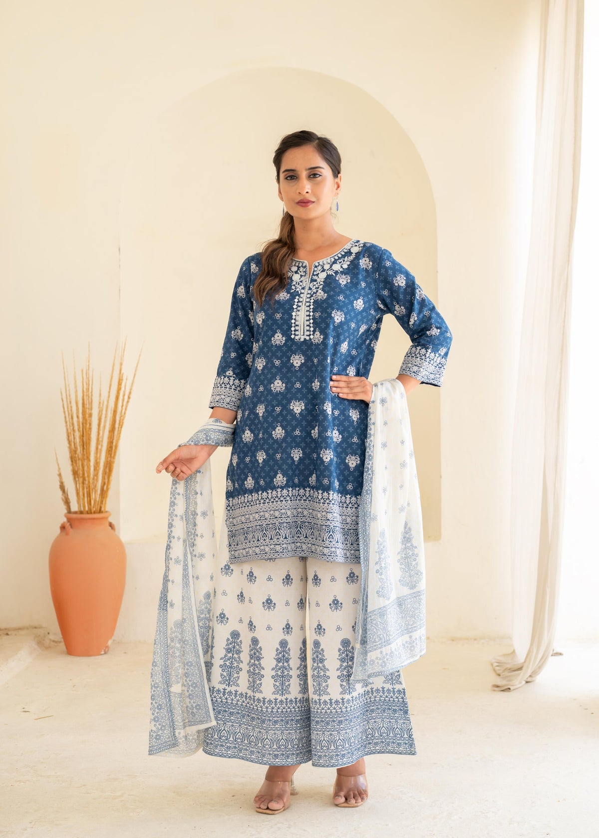 Juniper Indigo Floral Kurta Pant And Dupatta Set With Thread And Sequin Work | Grocsy