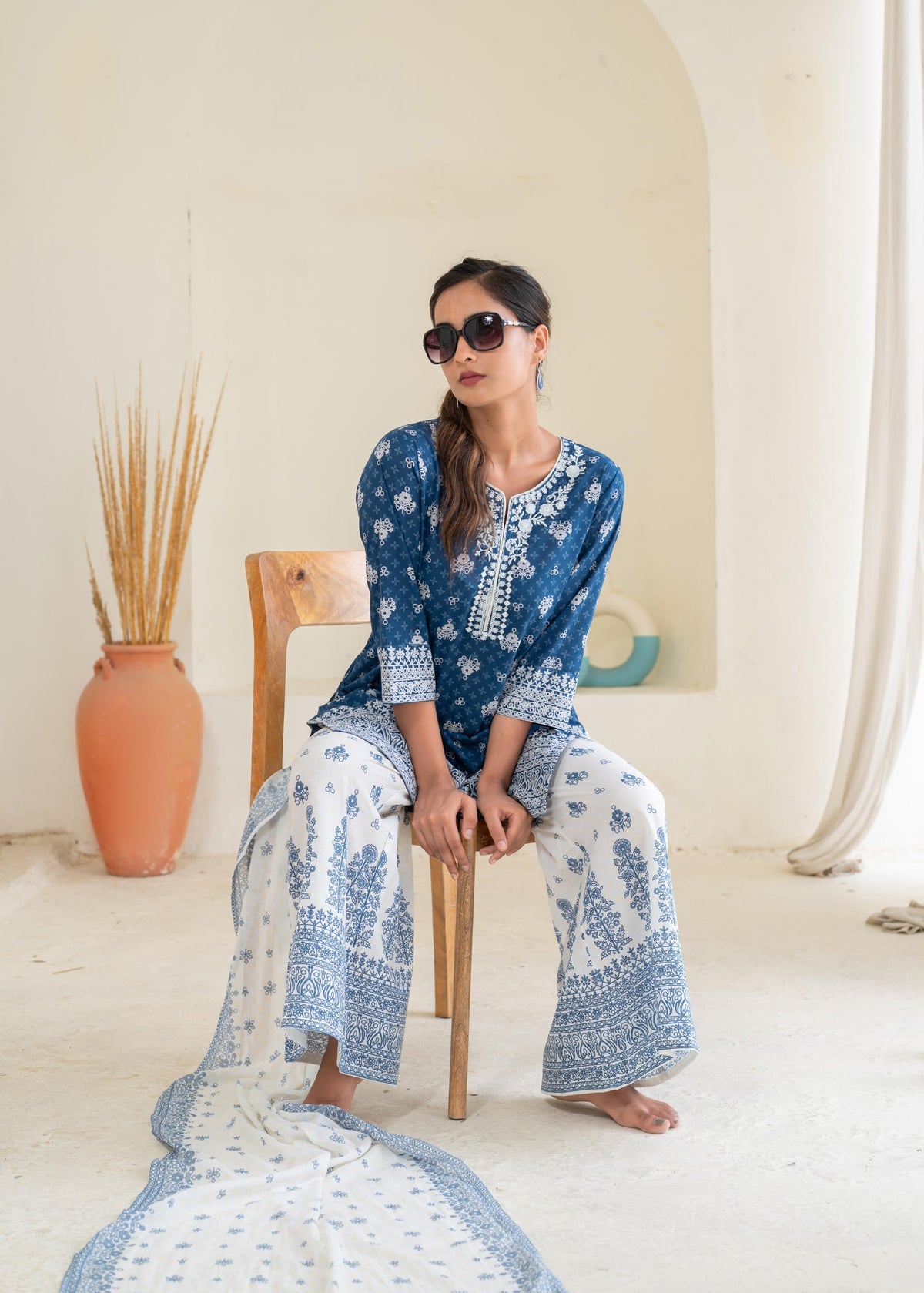 Juniper Floral Embroidered Cotton Kurta, Printed Straight-Fit Pants | Grocsy